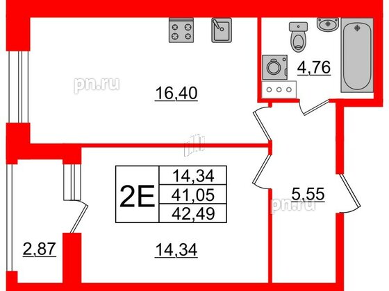 Квартира в ЖК Аквилон Leaves, 1 комнатная, 42.49 м², 11 этаж