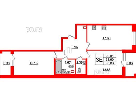 Квартира в ЖК Аквилон Leaves, 2 комнатная, 66.95 м², 2 этаж