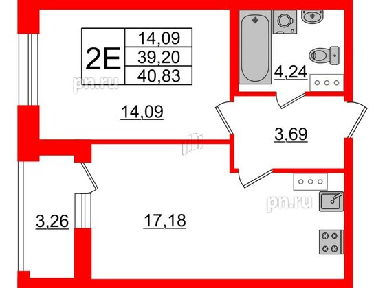 Квартира в ЖК Аквилон Leaves, 1 комнатная, 40.83 м², 3 этаж