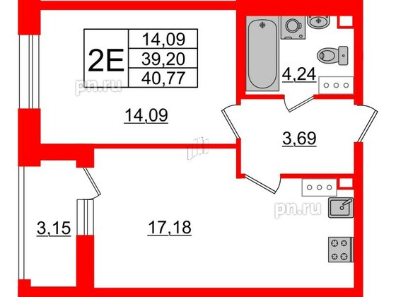 Квартира в ЖК Аквилон Leaves, 1 комнатная, 40.83 м², 11 этаж