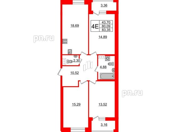 Квартира в ЖК Аквилон Leaves, 3 комнатная, 83.35 м², 9 этаж