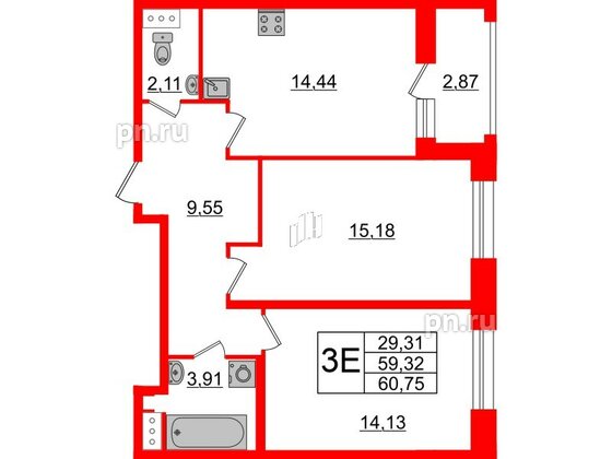 Квартира в ЖК Аквилон Leaves, 2 комнатная, 60.75 м², 7 этаж