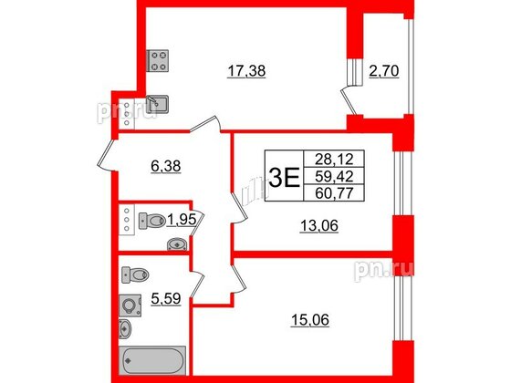 Квартира в ЖК Аквилон Leaves, 2 комнатная, 60.77 м², 10 этаж