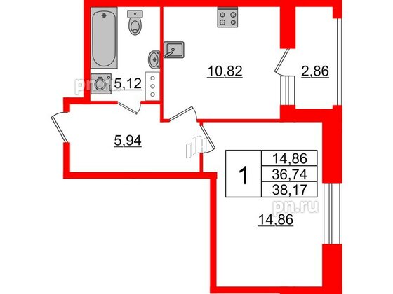 Квартира в ЖК Аквилон Leaves, 1 комнатная, 38.17 м², 6 этаж