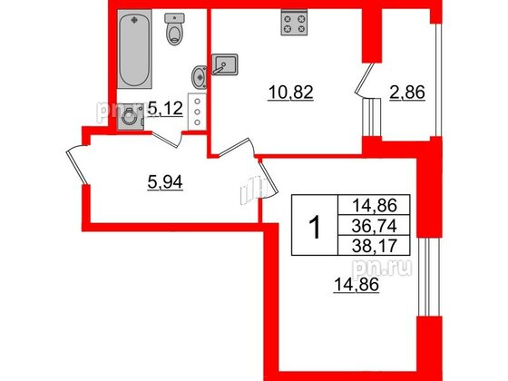 Квартира в ЖК Аквилон Leaves, 1 комнатная, 38.17 м², 12 этаж