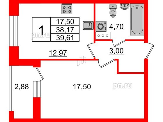 Квартира в ЖК Аквилон Leaves, 1 комнатная, 39.61 м², 3 этаж