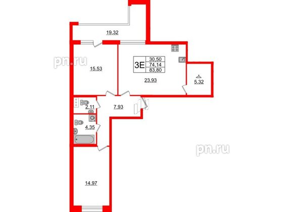 Квартира в ЖК Аквилон Leaves, 2 комнатная, 83.8 м², 3 этаж