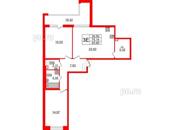 Квартира в ЖК Аквилон Leaves, 2 комнатная, 83.8 м², 4 этаж