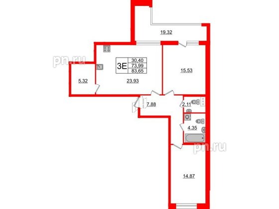 Квартира в ЖК Аквилон Leaves, 2 комнатная, 83.65 м², 3 этаж