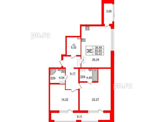 Квартира в ЖК Аквилон Leaves, 2 комнатная, 92.22 м², 12 этаж