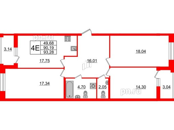 Квартира в ЖК Аквилон Leaves, 3 комнатная, 93.28 м², 2 этаж