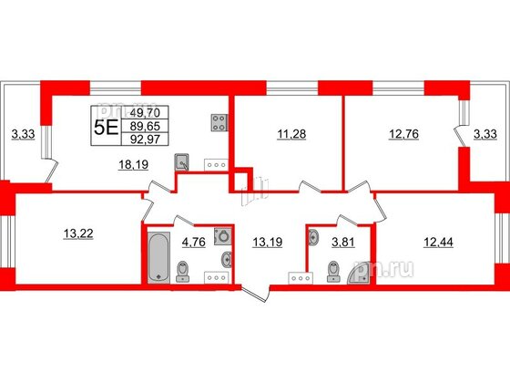 Квартира в ЖК Аквилон Leaves, 4 комнатная, 92.97 м², 3 этаж