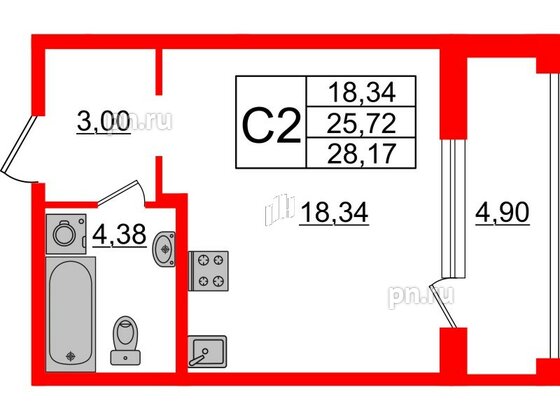 Квартира в ЖК Аквилон Leaves, студия, 28.17 м², 2 этаж