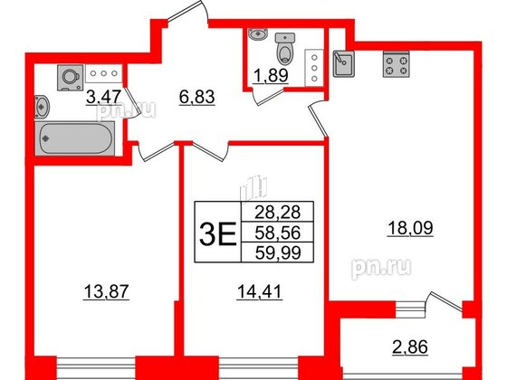 Квартира в ЖК Аквилон Leaves, 2 комнатная, 59.99 м², 10 этаж