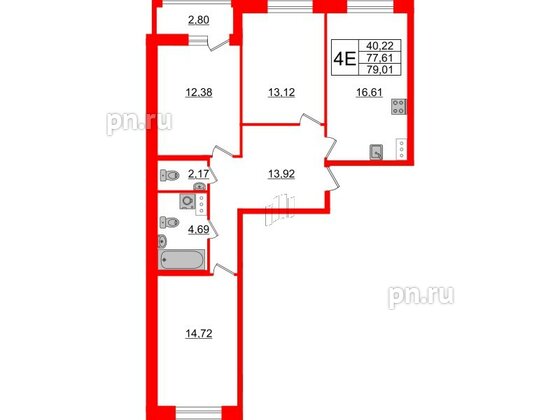 Квартира в ЖК Аквилон Leaves, 3 комнатная, 79.01 м², 8 этаж