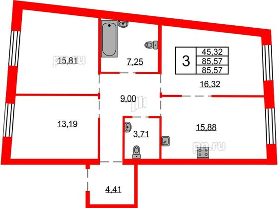 Квартира в ЖК Северная корона, 3 комнатная, 85.57 м², 3 этаж