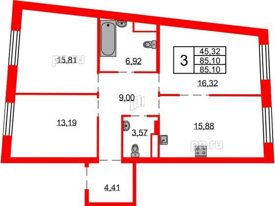 Квартира в ЖК Северная корона, 3 комнатная, 85.1 м², 6 этаж