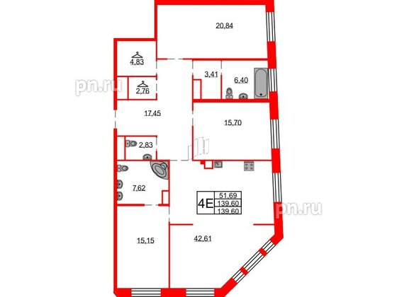 Квартира в ЖК Северная корона, 3 комнатная, 139.6 м², 3 этаж