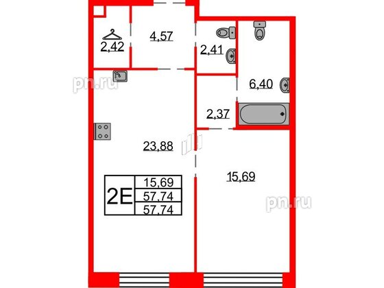 Квартира в ЖК Северная корона, 1 комнатная, 57.74 м², 2 этаж