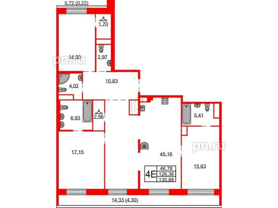 Квартира в ЖК Северная корона, 3 комнатная, 130.88 м², 7 этаж