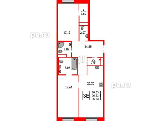 Квартира в ЖК Северная корона, 2 комнатная, 96.53 м², 3 этаж