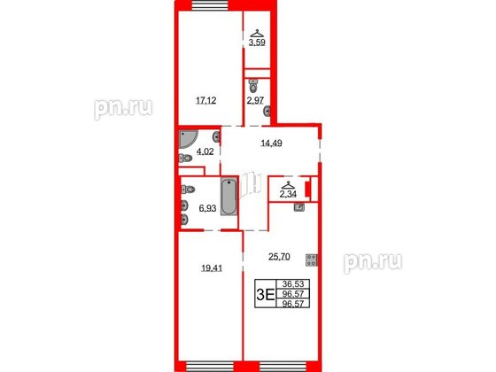 Квартира в ЖК Северная корона, 2 комнатная, 96.57 м², 6 этаж