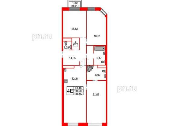 Квартира в ЖК Северная корона, 3 комнатная, 116.92 м², 6 этаж