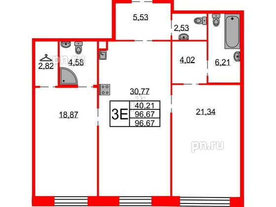 Квартира в ЖК Северная корона, 2 комнатная, 96.67 м², 2 этаж