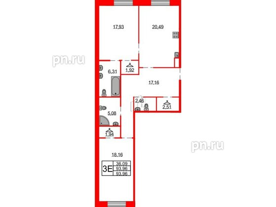 Квартира в ЖК Северная корона, 2 комнатная, 93.96 м², 2 этаж