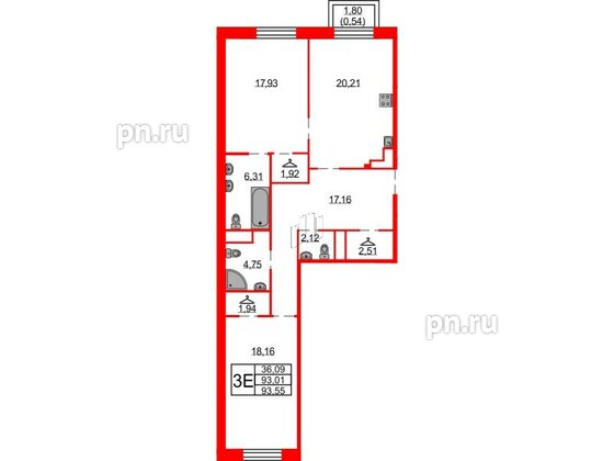 Квартира в ЖК Северная корона, 2 комнатная, 93.55 м², 5 этаж