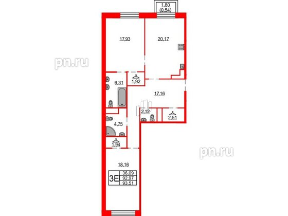 Квартира в ЖК Северная корона, 2 комнатная, 93.51 м², 6 этаж