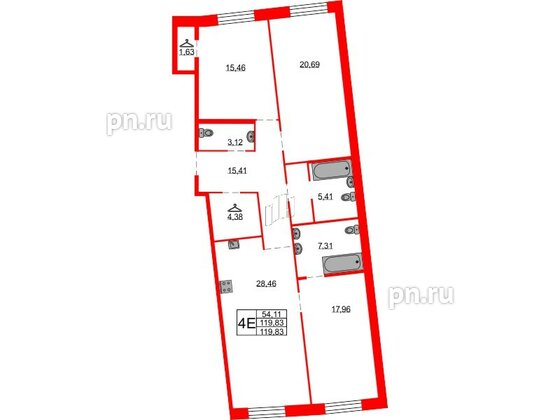 Квартира в ЖК Северная корона, 3 комнатная, 119.83 м², 2 этаж