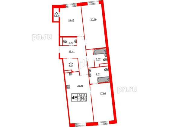 Квартира в ЖК Северная корона, 3 комнатная, 118.83 м², 3 этаж