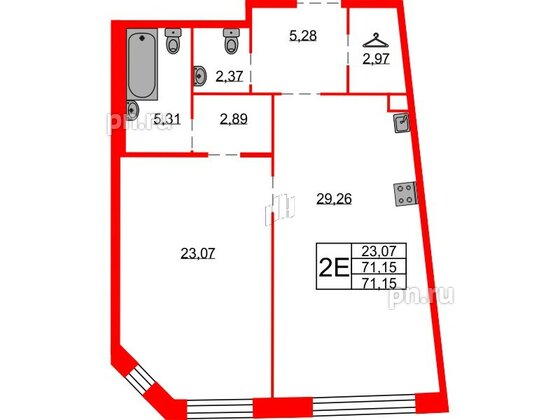 Квартира в ЖК Северная корона, 1 комнатная, 71.15 м², 2 этаж