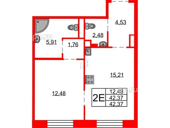 Квартира в ЖК Северная корона, 1 комнатная, 42.37 м², 6 этаж