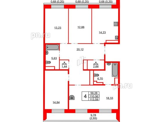 Квартира в ЖК Северная корона, 4 комнатная, 113.59 м², 7 этаж