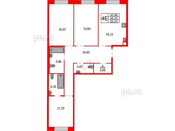 Квартира в ЖК Северная корона, 3 комнатная, 95.23 м², 3 этаж