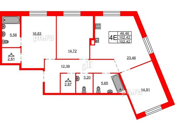 Квартира в ЖК Северная корона, 3 комнатная, 102.42 м², 2 этаж