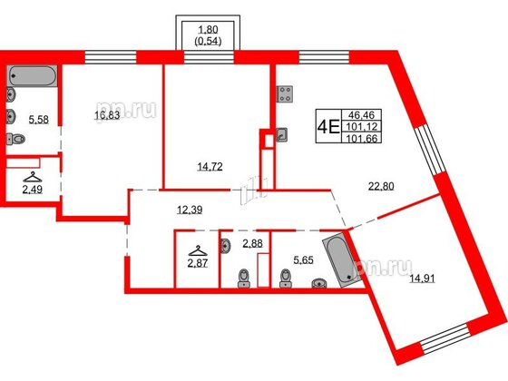 Квартира в ЖК Северная корона, 3 комнатная, 101.66 м², 4 этаж