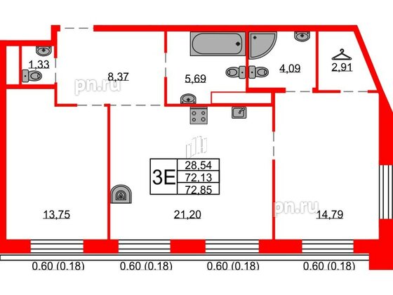 Квартира в ЖК Северная корона, 2 комнатная, 72.85 м², 8 этаж