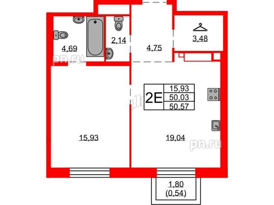 Квартира в ЖК Северная корона, 1 комнатная, 50.57 м², 7 этаж