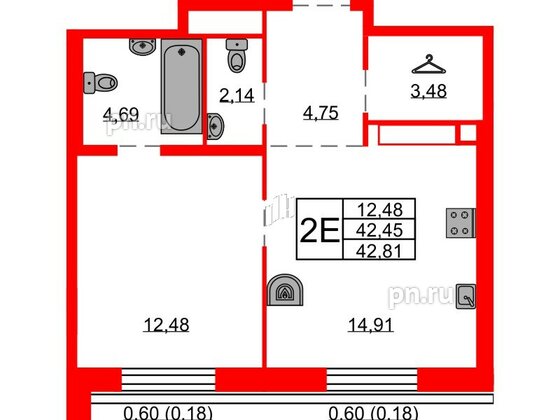 Квартира в ЖК Северная корона, 1 комнатная, 42.81 м², 8 этаж