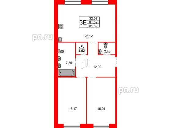 Квартира в ЖК Северная корона, 2 комнатная, 81.62 м², 2 этаж