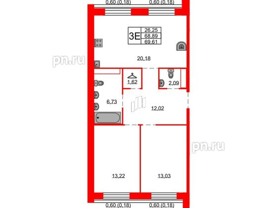 Квартира в ЖК Северная корона, 2 комнатная, 69.61 м², 8 этаж