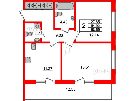 Апартаменты в ЖК Берег. Курортный, 2 комнатные, 58.69 м², 2 этаж