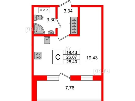 Апартаменты в ЖК Берег. Курортный, студия, 28.4 м², 5 этаж