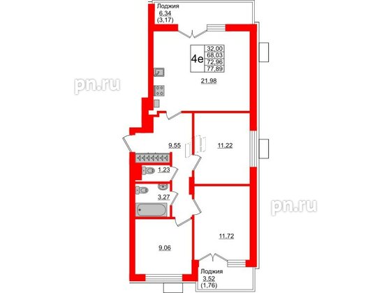 Квартира в ЖК Lake City-6, 3 комнатная, 72.96 м², 1 этаж