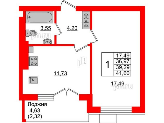 Квартира в ЖК Lake City-6, 1 комнатная, 39.29 м², 1 этаж