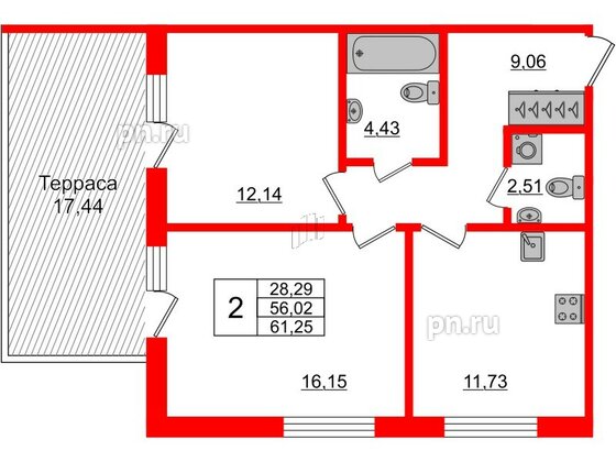 Апартаменты в ЖК Берег. Курортный, 2 комнатные, 61.25 м², 1 этаж