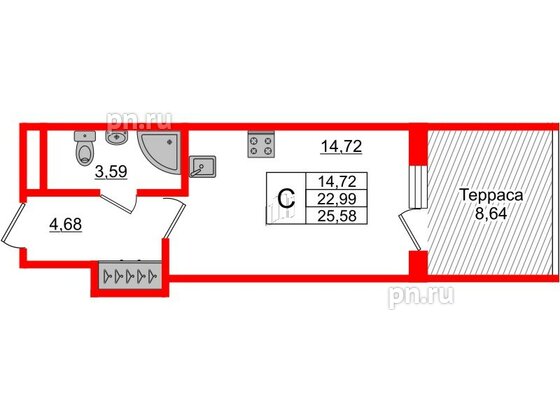 Апартаменты в ЖК Берег. Курортный, студия, 25.58 м², 1 этаж